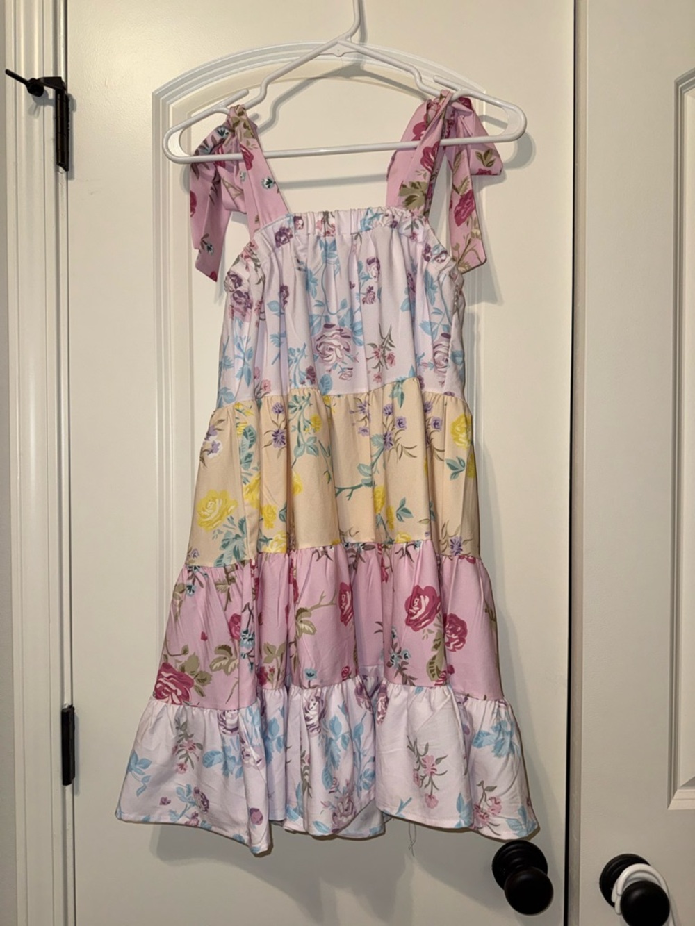 Tiered Floral Mini Dress with Tie Straps - Pink/Yellow Patchwork